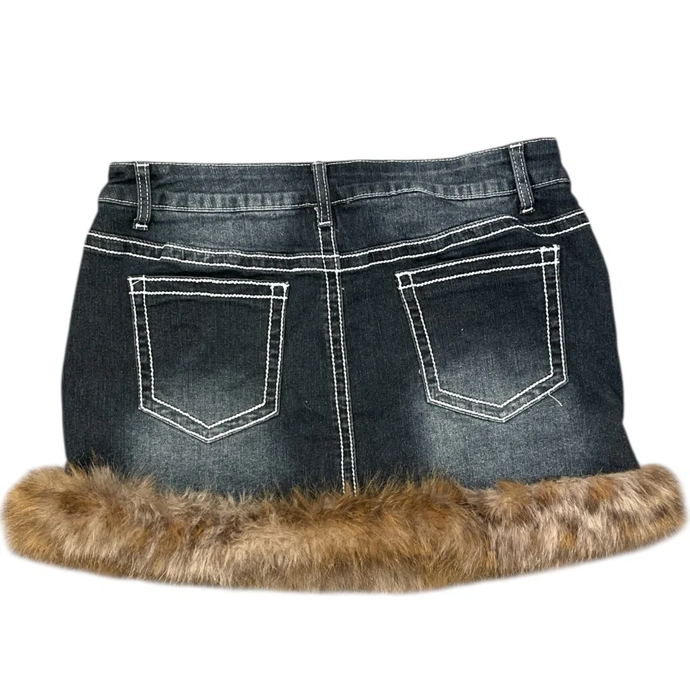 Y2K Goth Denim Mini Skirt Faux Fur Hem Cross Embroidery XL Alt Grunge - Picture 3 of 10